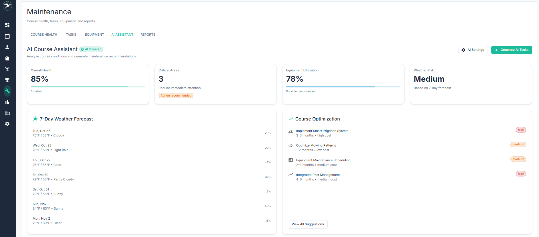 AI Course Assistant in the maintenance module showing 85 percent overall course health, 7-day weather forecast, and course optimization suggestions